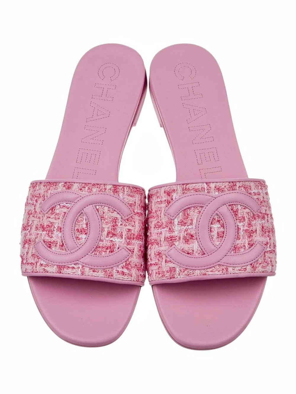 Chanel Pink Tweed CC Logo Slide Sandals